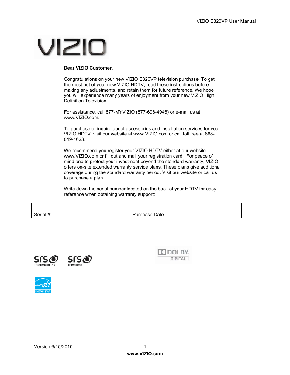 Vizio E320VP User Manual | 50 pages