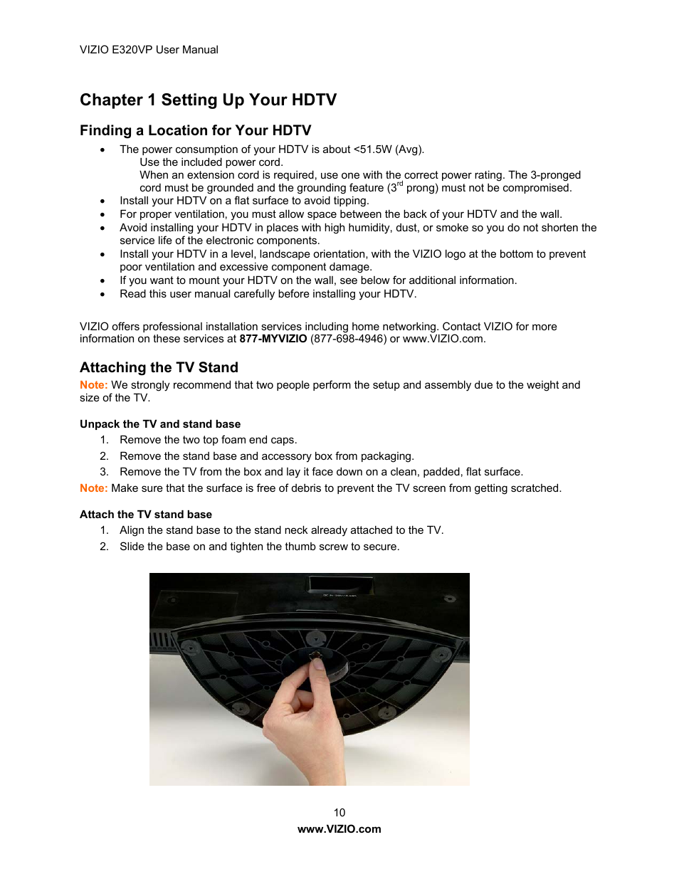 Chapter 1 setting up your hdtv, Finding a location for your hdtv, Attaching the tv stand | Vizio E320VP User Manual | Page 10 / 50