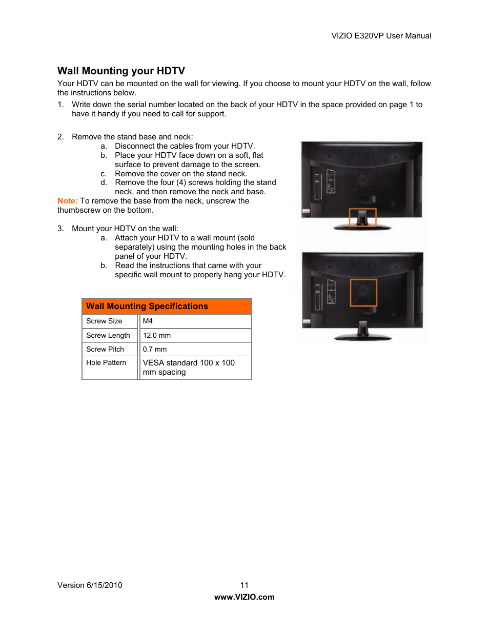 Wall mounting your hdtv | Vizio E320VP User Manual | Page 11 / 50