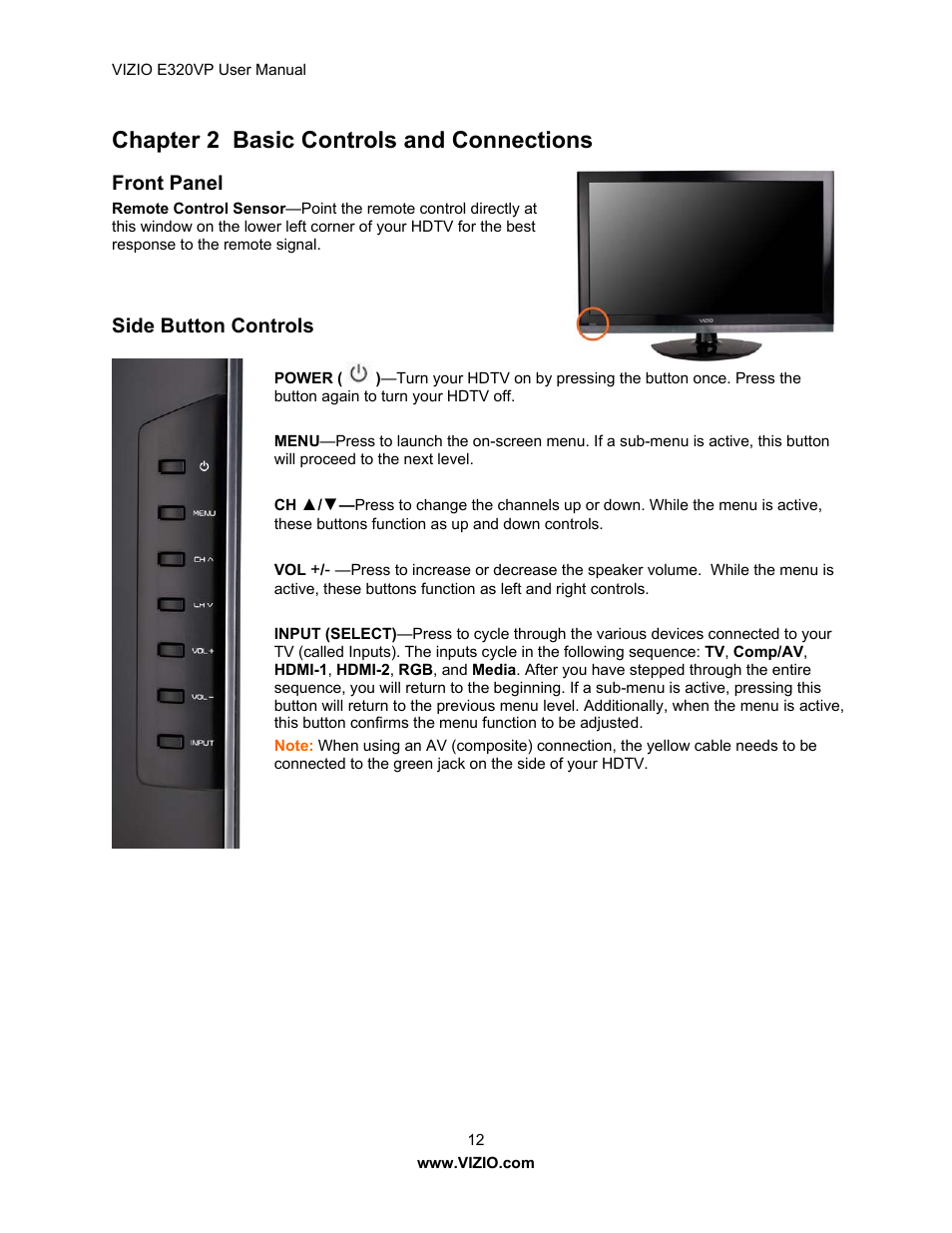 Chapter 2 basic controls and connections, Front panel, Side button controls | Vizio E320VP User Manual | Page 12 / 50