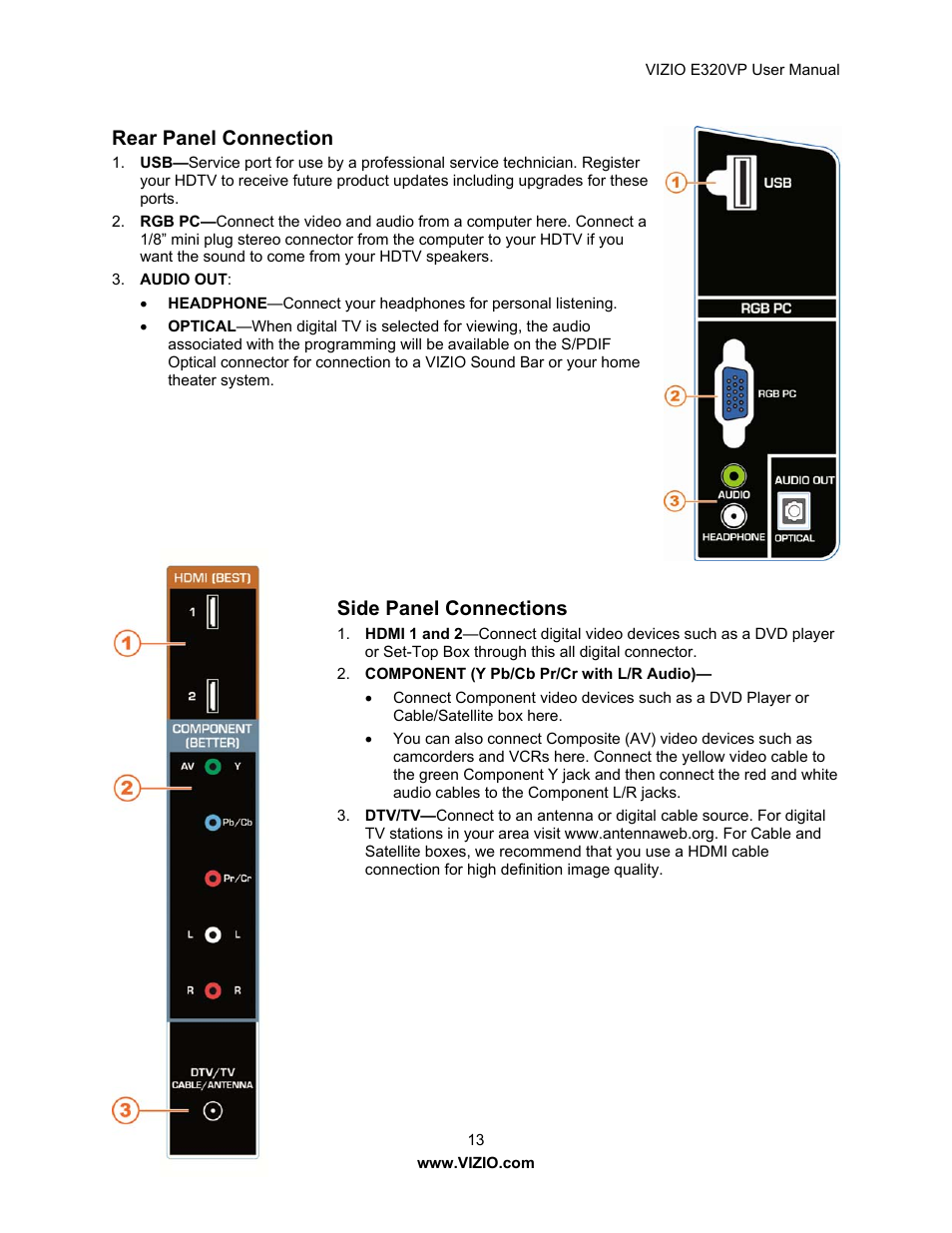 Rear panel connection, Side panel connections | Vizio E320VP User Manual | Page 13 / 50
