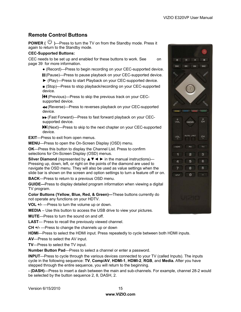 Remote control buttons | Vizio E320VP User Manual | Page 15 / 50