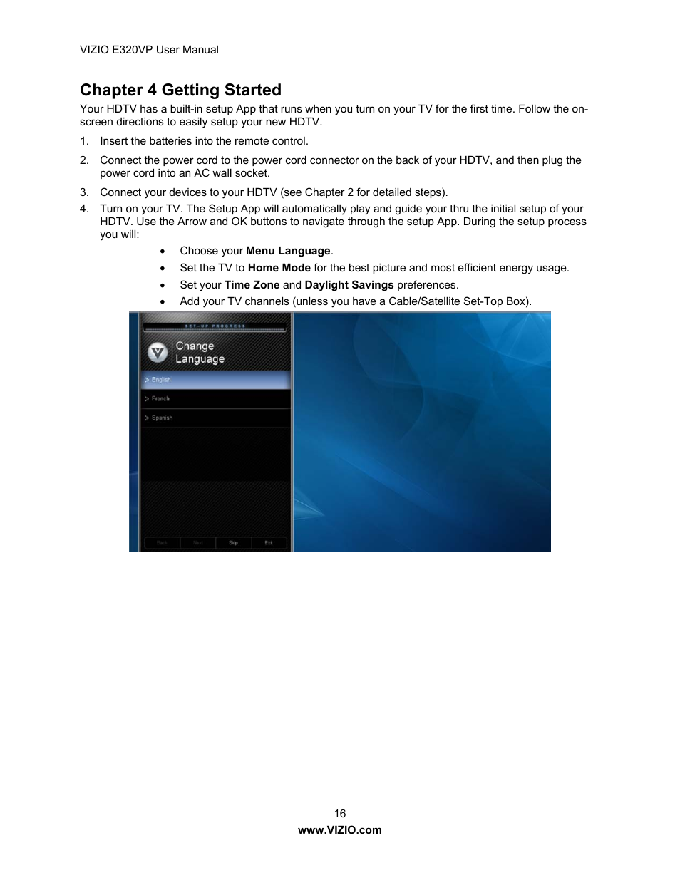Chapter 4 getting started | Vizio E320VP User Manual | Page 16 / 50
