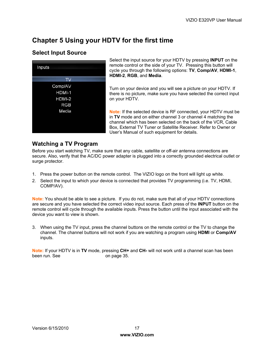 Chapter 5 using your hdtv for the first time, Select input source, Watching a tv program | Vizio E320VP User Manual | Page 17 / 50