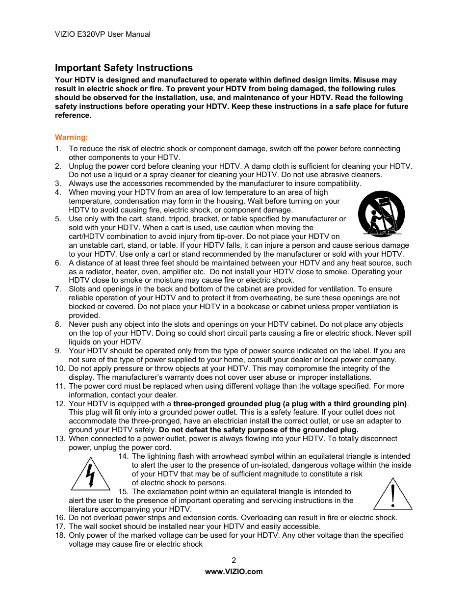 Important safety instructions | Vizio E320VP User Manual | Page 2 / 50