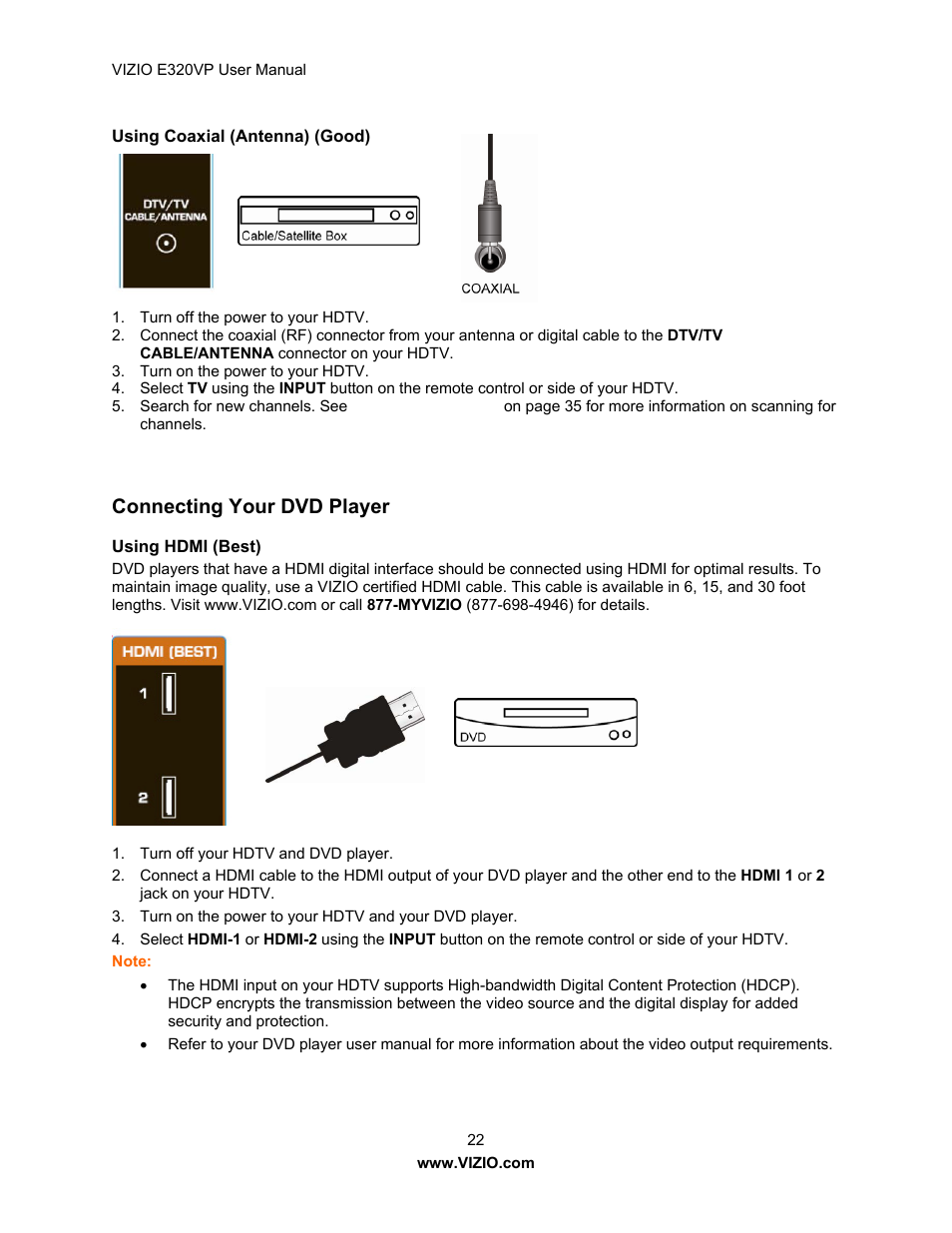 Connecting your dvd player | Vizio E320VP User Manual | Page 22 / 50