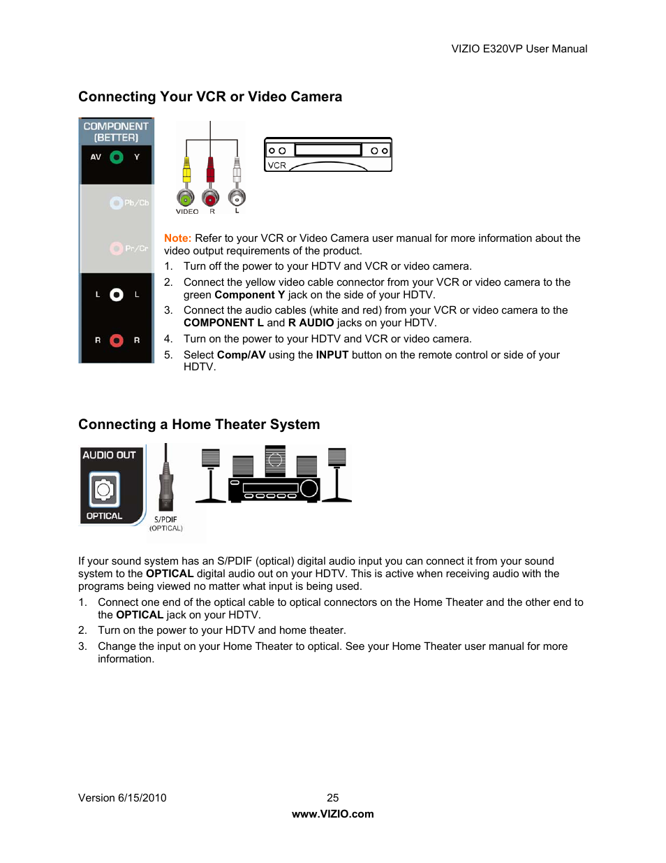 Connecting your vcr or video camera, Connecting a home theater system | Vizio E320VP User Manual | Page 25 / 50