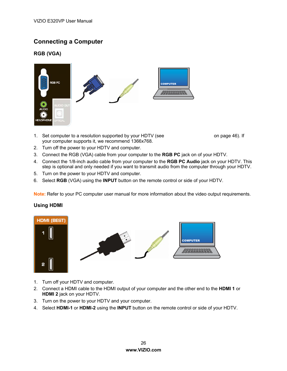 Connecting a computer | Vizio E320VP User Manual | Page 26 / 50
