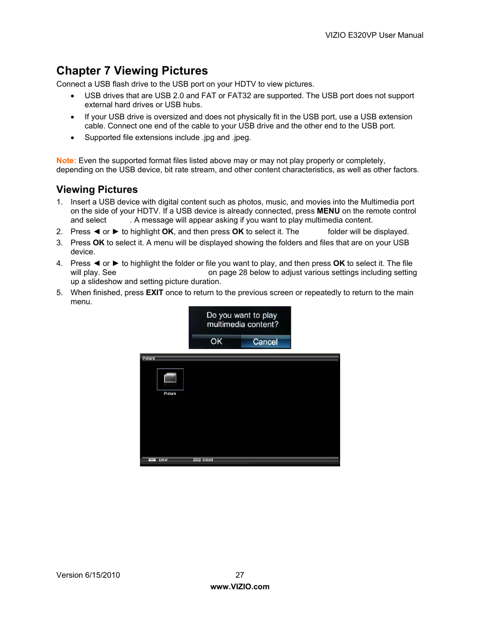Chapter 7 viewing pictures, Viewing pictures | Vizio E320VP User Manual | Page 27 / 50