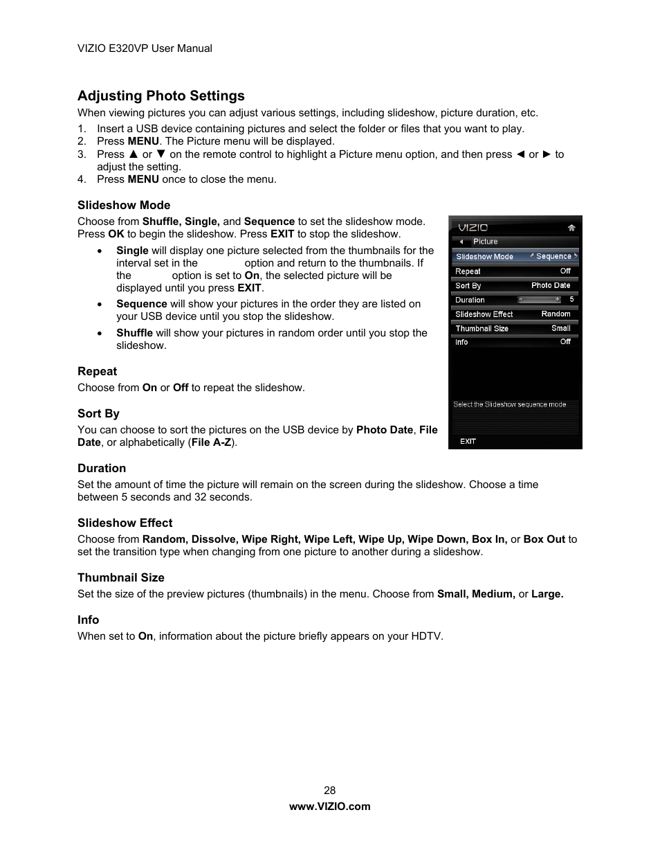 Adjusting photo settings | Vizio E320VP User Manual | Page 28 / 50