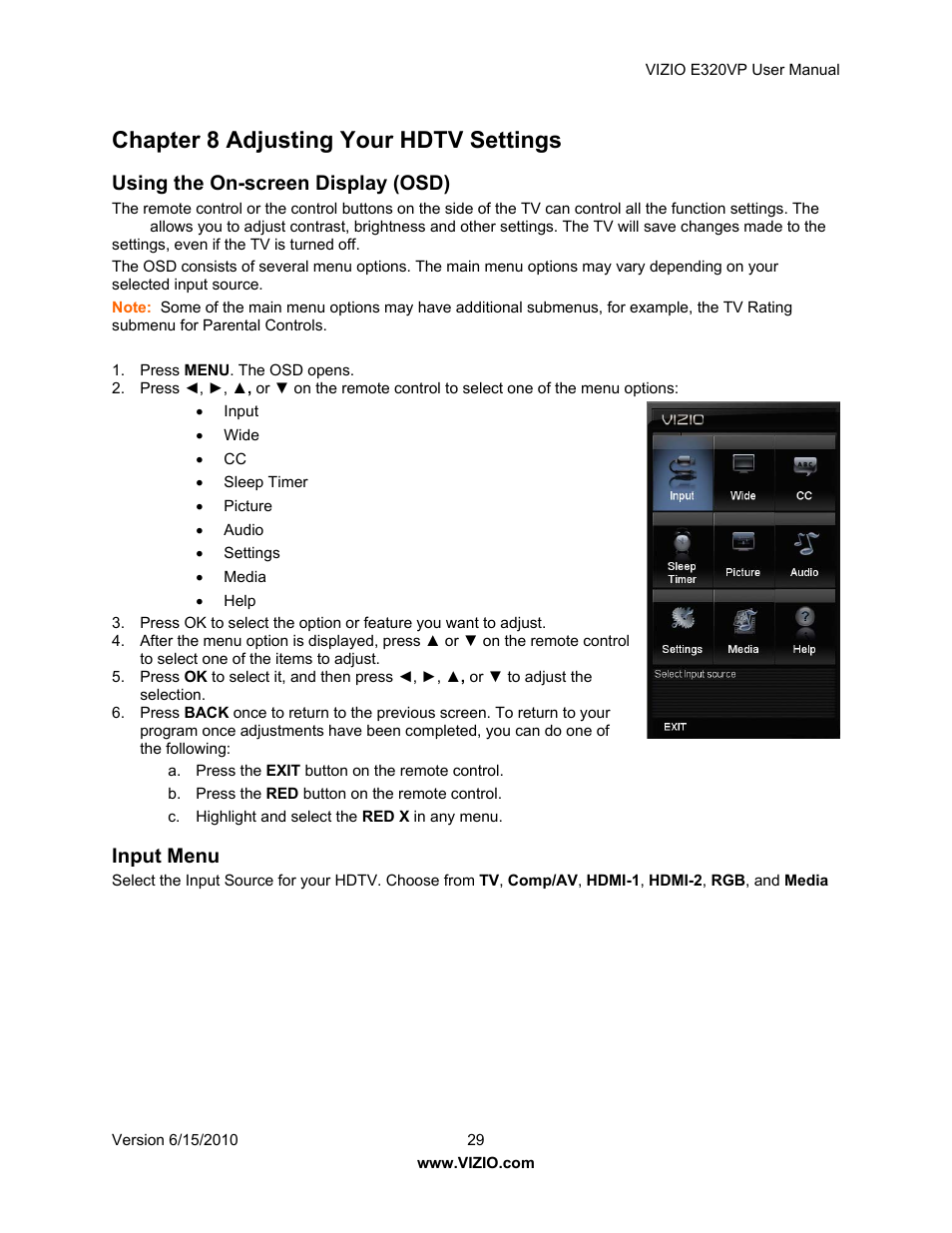 Chapter 8 adjusting your hdtv settings, Using the on-screen display (osd), Input menu | Vizio E320VP User Manual | Page 29 / 50