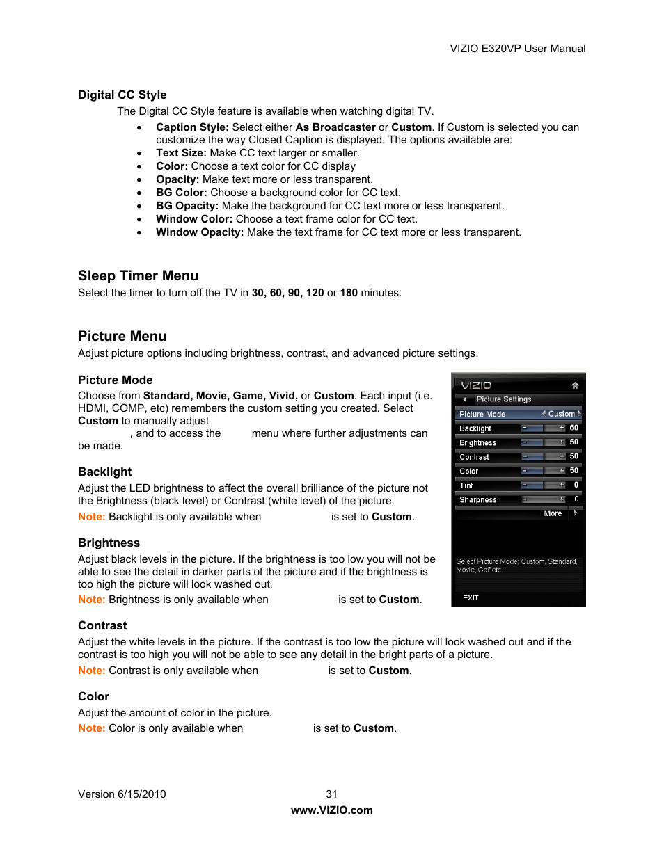 Sleep timer menu, Picture menu | Vizio E320VP User Manual | Page 31 / 50