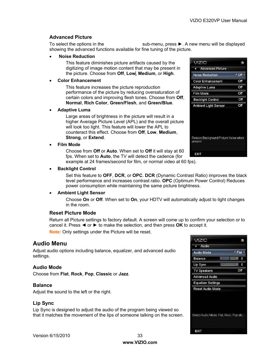 Audio menu | Vizio E320VP User Manual | Page 33 / 50