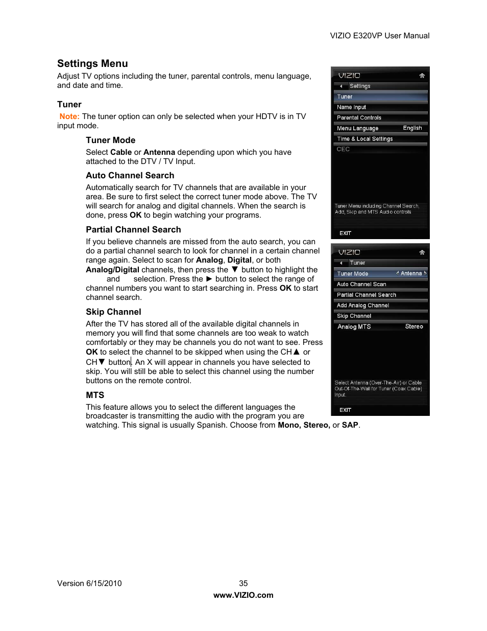 Settings menu | Vizio E320VP User Manual | Page 35 / 50