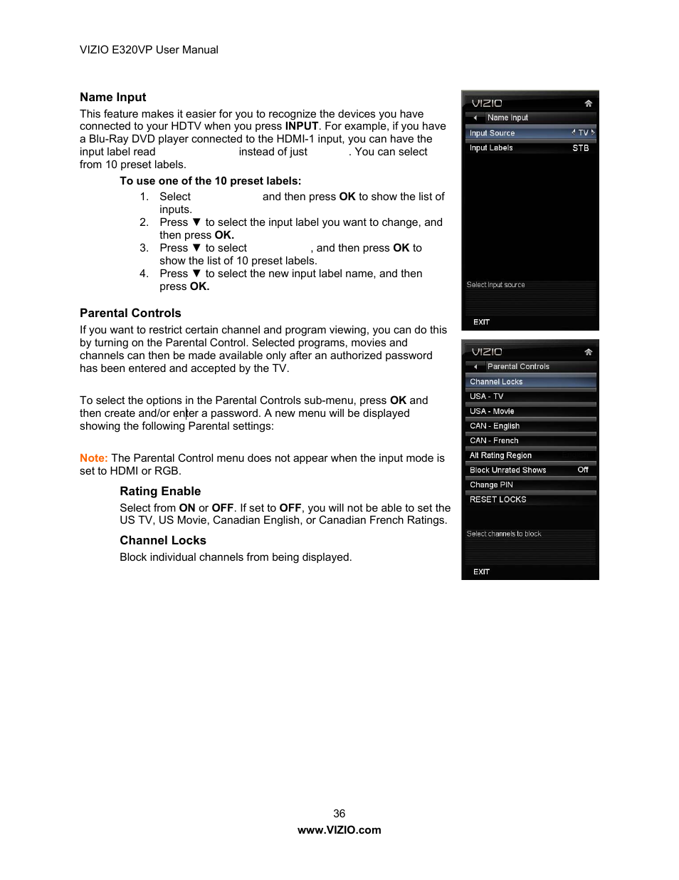 Vizio E320VP User Manual | Page 36 / 50