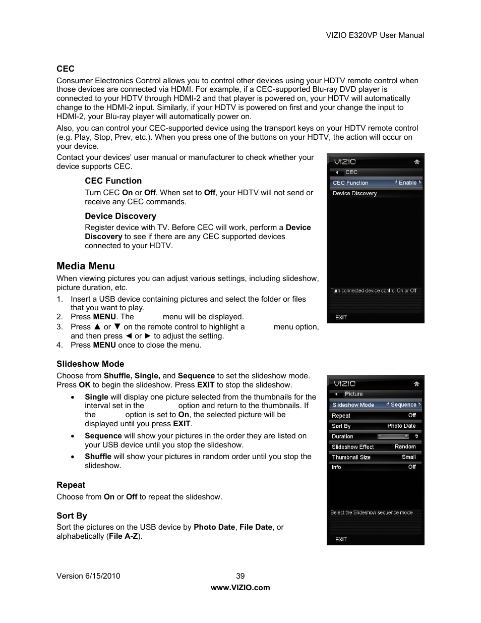Media menu | Vizio E320VP User Manual | Page 39 / 50