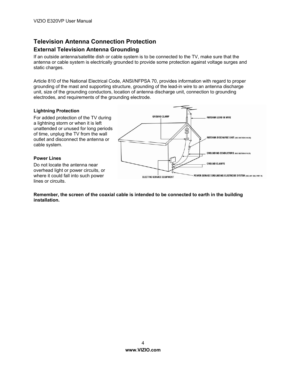 Television antenna connection protection | Vizio E320VP User Manual | Page 4 / 50