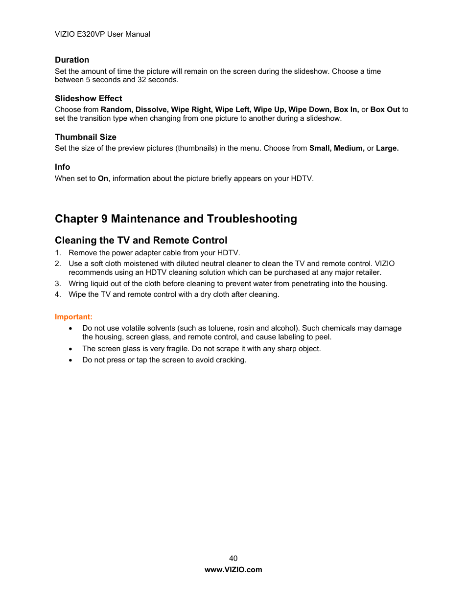 Chapter 9 maintenance and troubleshooting, Cleaning the tv and remote control | Vizio E320VP User Manual | Page 40 / 50