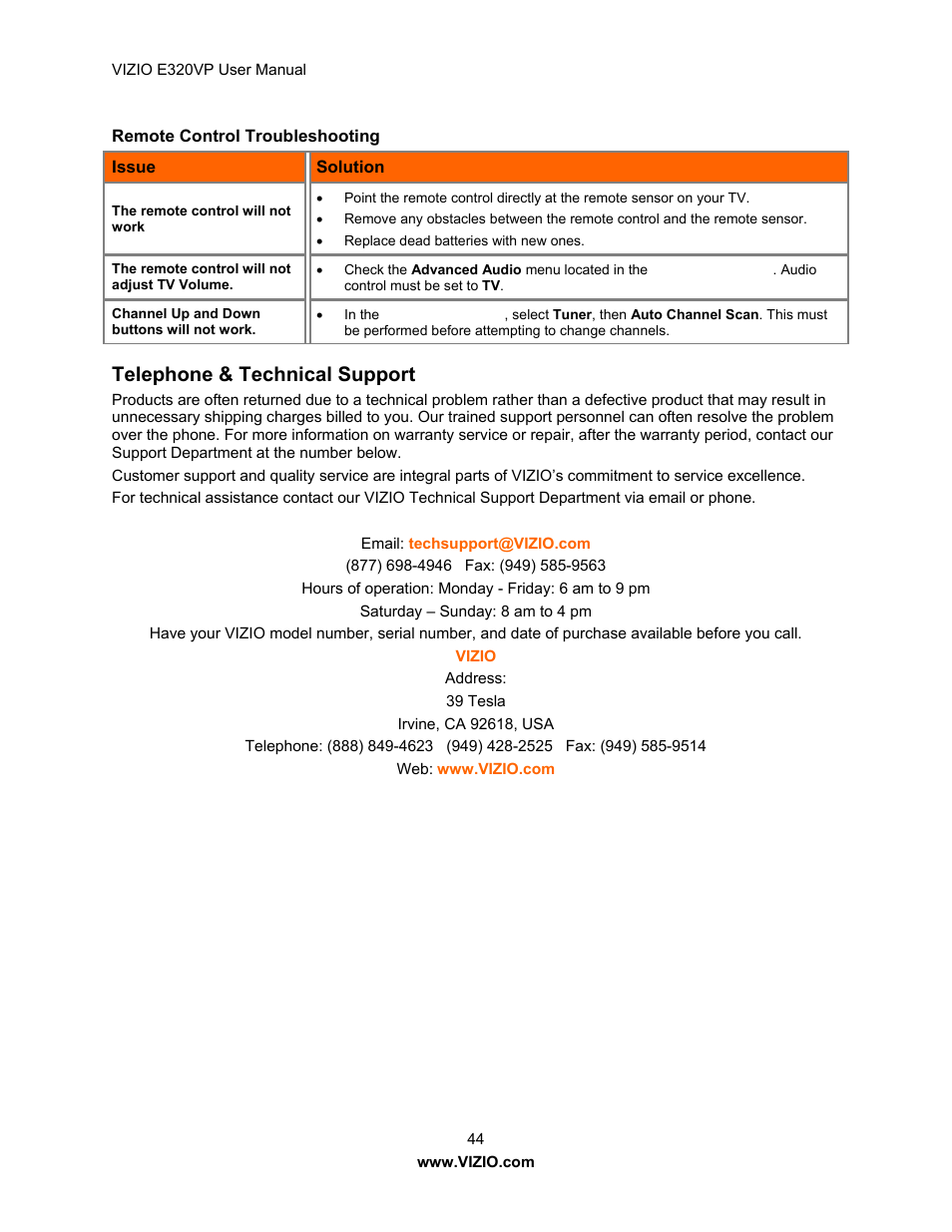 Telephone & technical support | Vizio E320VP User Manual | Page 44 / 50
