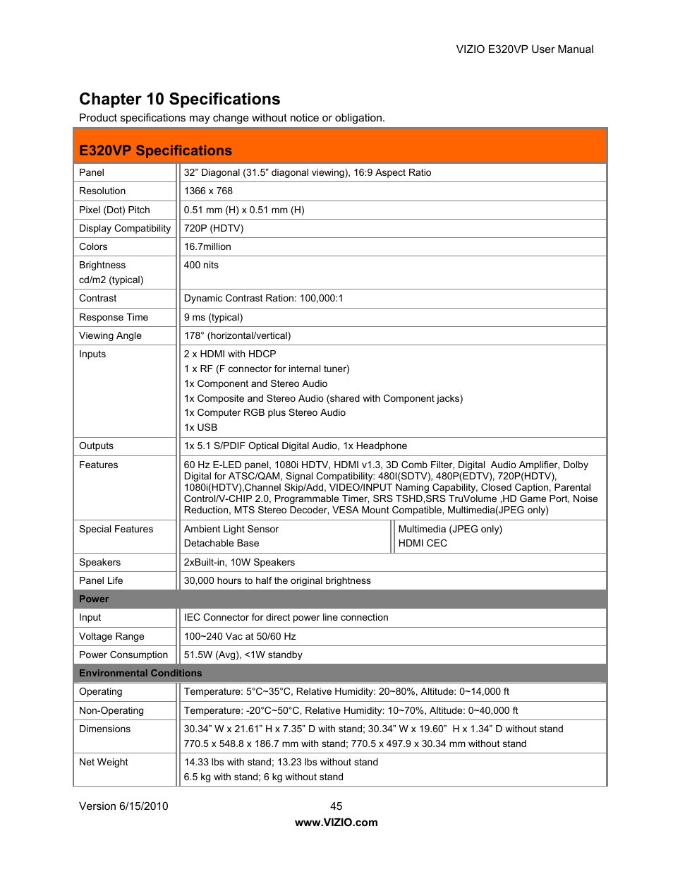 Chapter 10 specifications, E320vp specifications | Vizio E320VP User Manual | Page 45 / 50