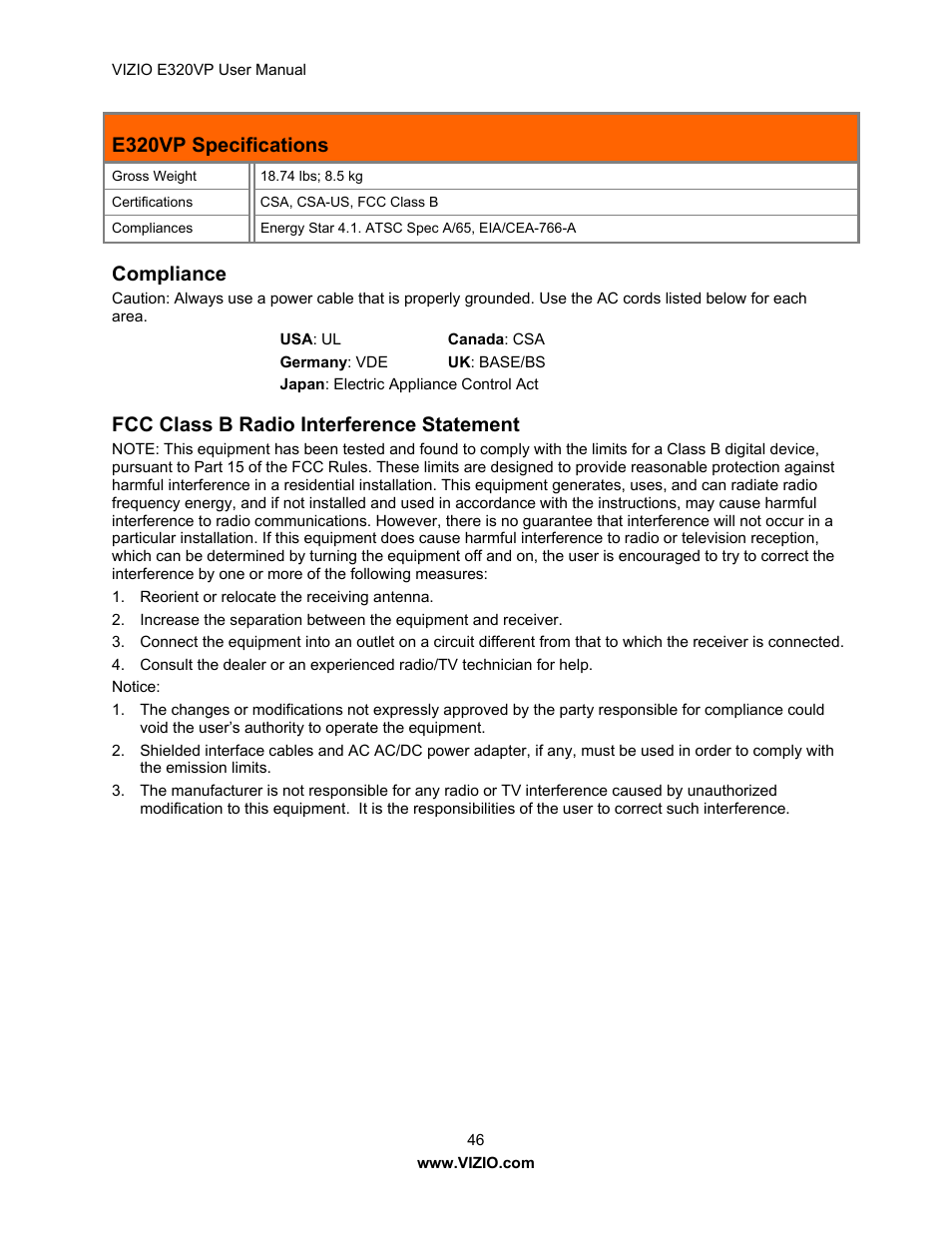 E320vp specifications, Compliance, Fcc class b radio interference statement | Vizio E320VP User Manual | Page 46 / 50