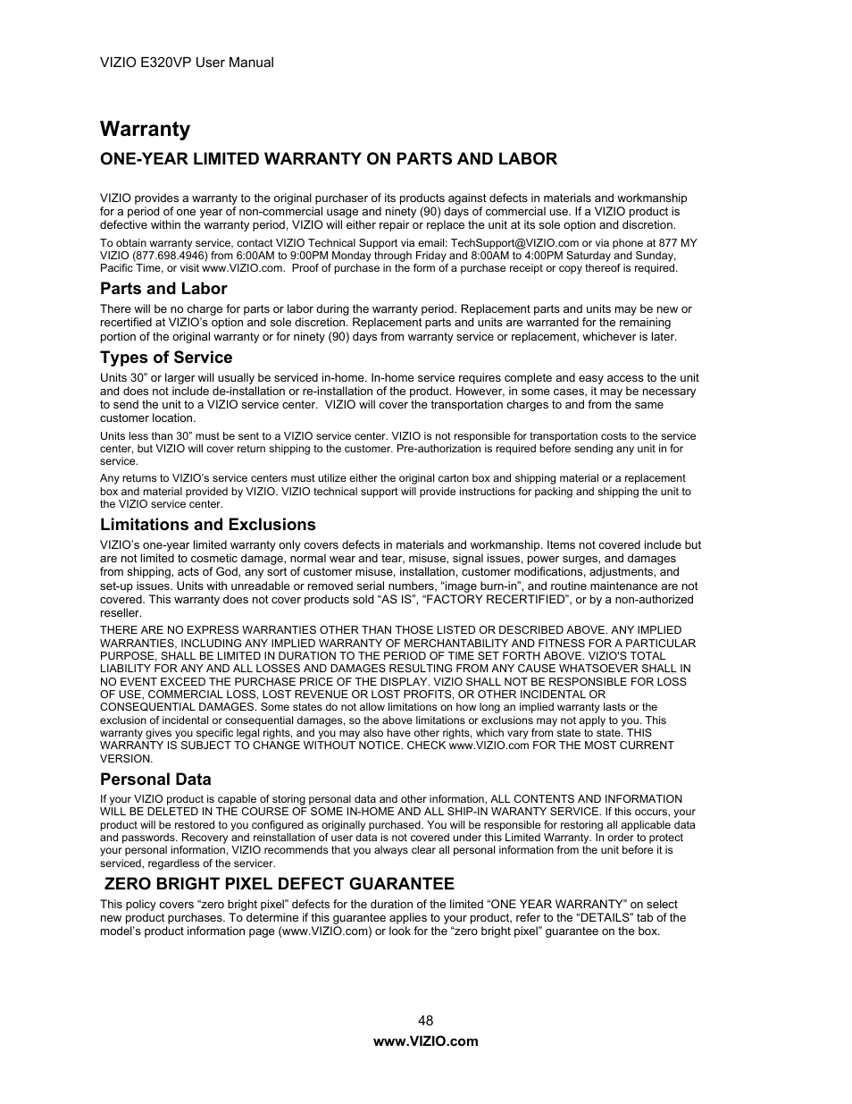 Warranty | Vizio E320VP User Manual | Page 48 / 50