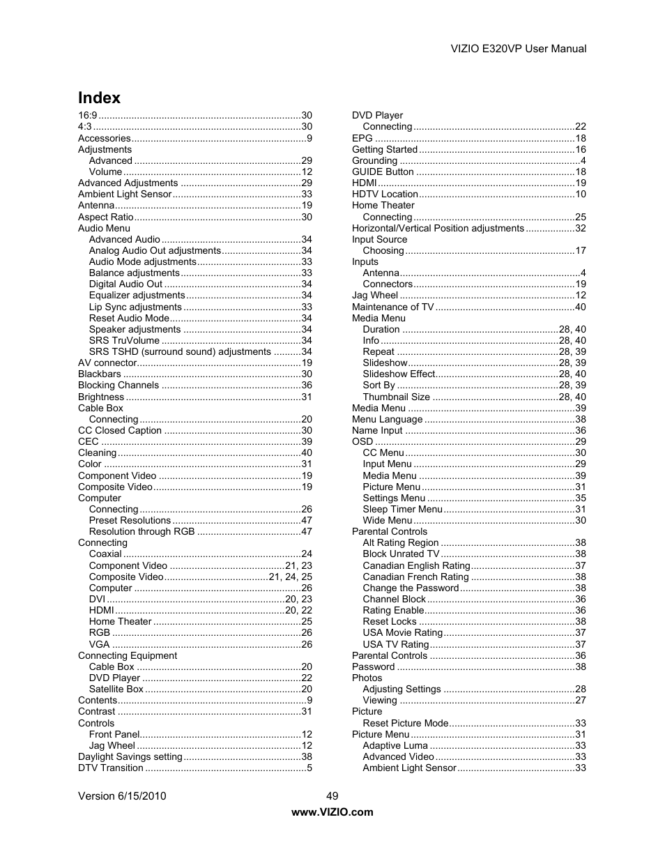 Index | Vizio E320VP User Manual | Page 49 / 50