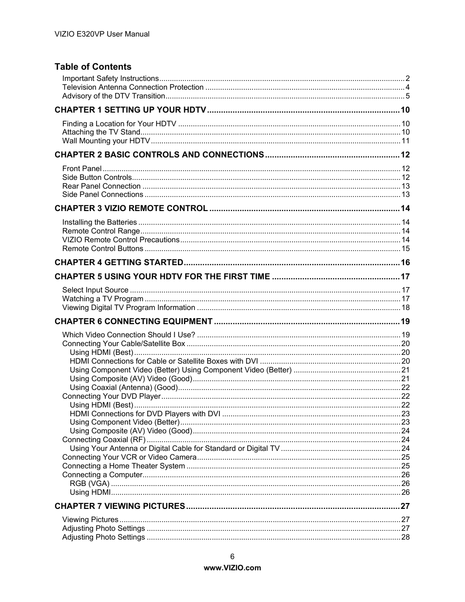 Vizio E320VP User Manual | Page 6 / 50