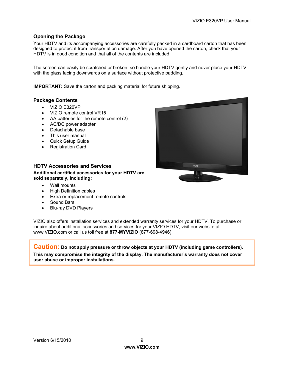 Caution | Vizio E320VP User Manual | Page 9 / 50