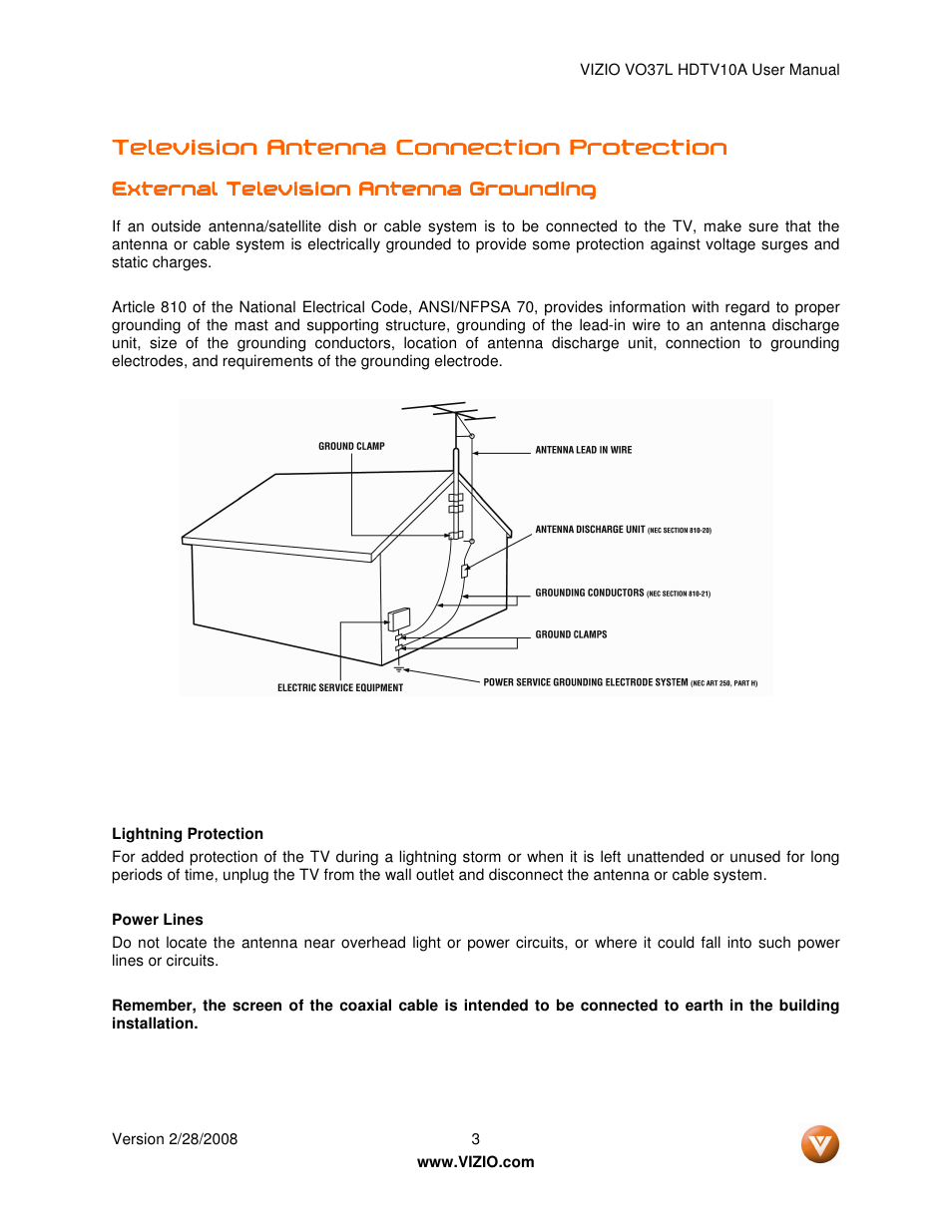 Television antenna connection protection | Vizio VO37L HDTV10A User Manual | Page 3 / 76