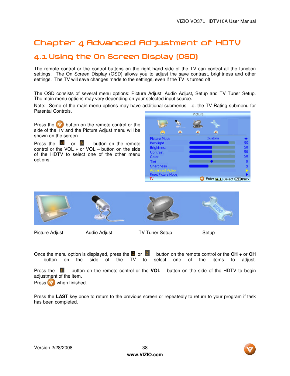 Chapter 4 | Vizio VO37L HDTV10A User Manual | Page 38 / 76