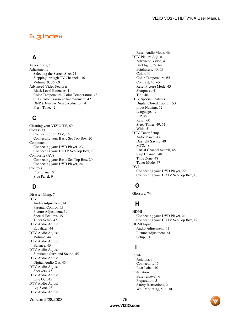 3 index index index index | Vizio VO37L HDTV10A User Manual | Page 75 / 76