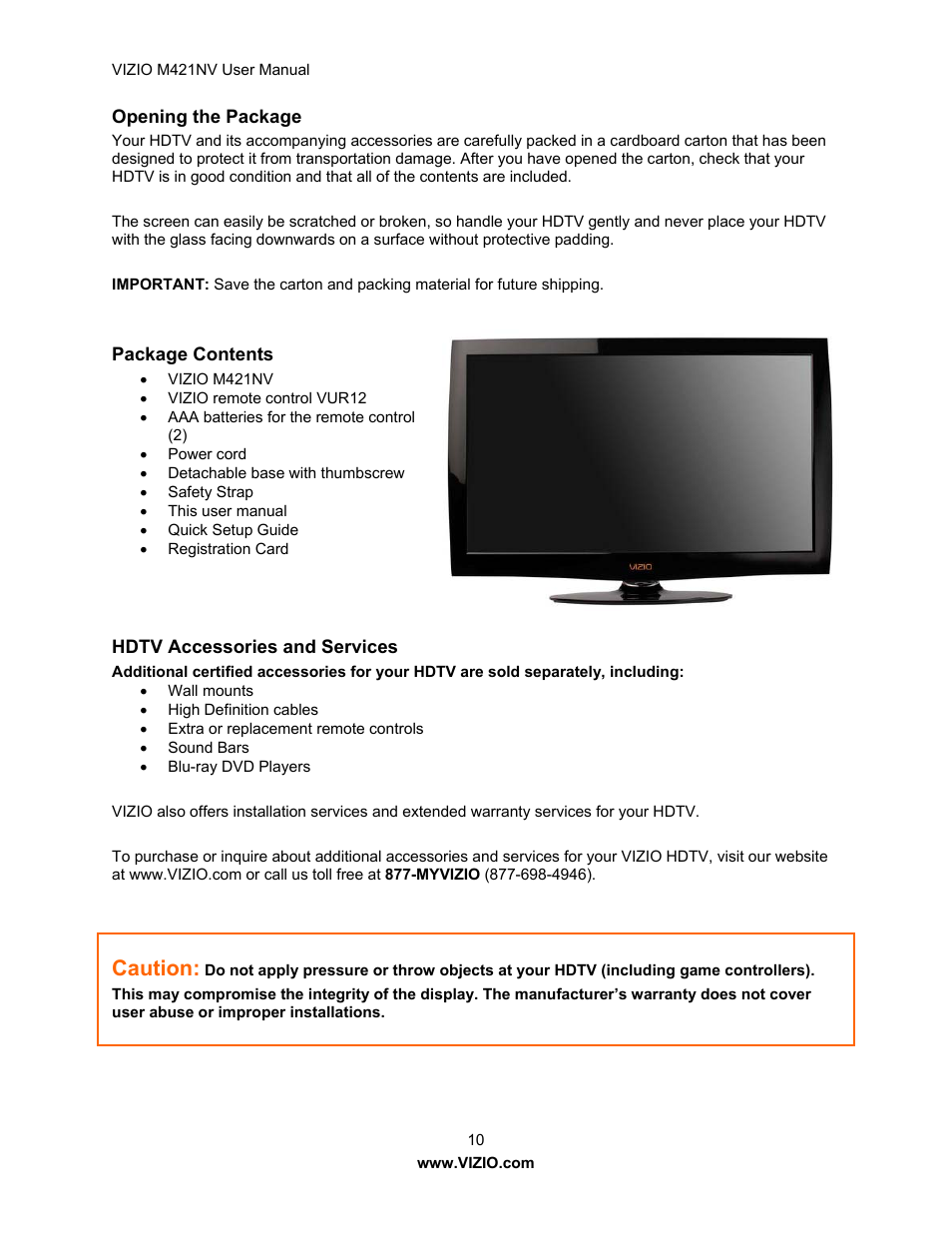 Caution | Vizio M421NV User Manual | Page 11 / 74