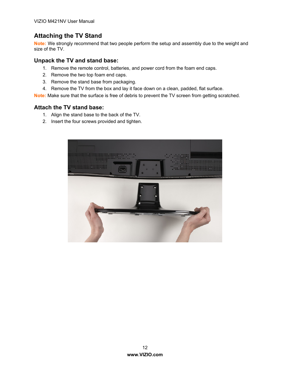Attaching the tv stand | Vizio M421NV User Manual | Page 13 / 74