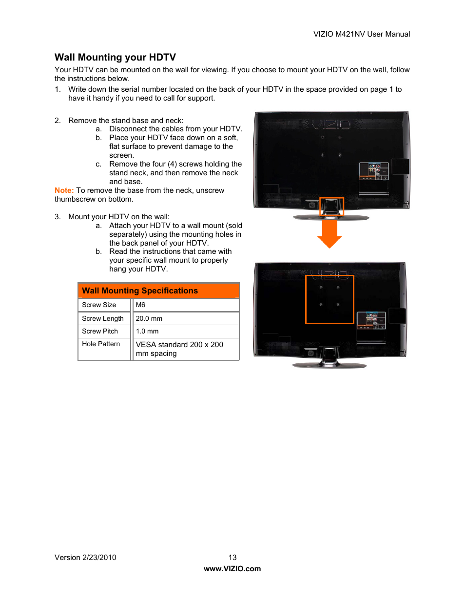 Wall mounting your hdtv | Vizio M421NV User Manual | Page 14 / 74