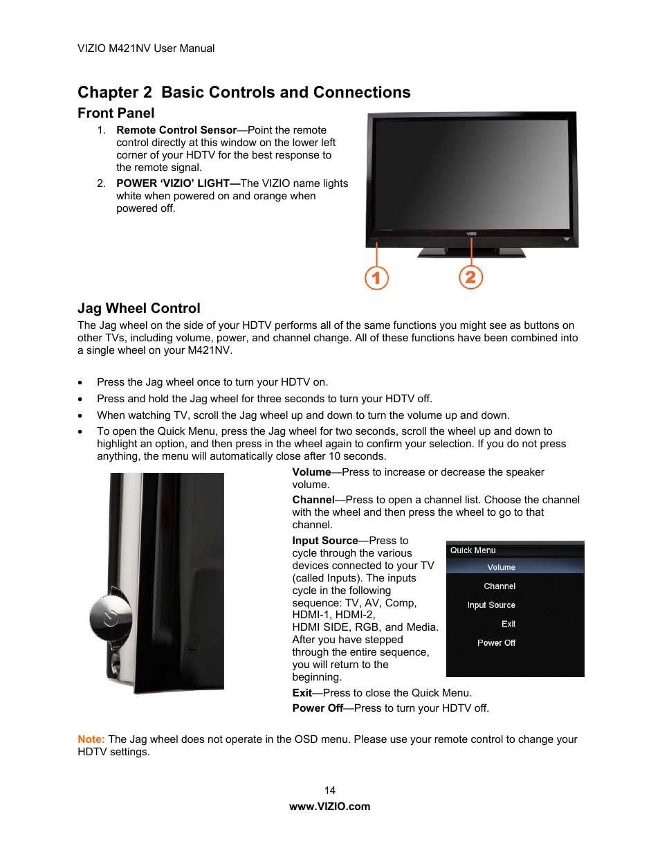 Chapter 2 basic controls and connections, Front panel, Jag wheel control | Vizio M421NV User Manual | Page 15 / 74