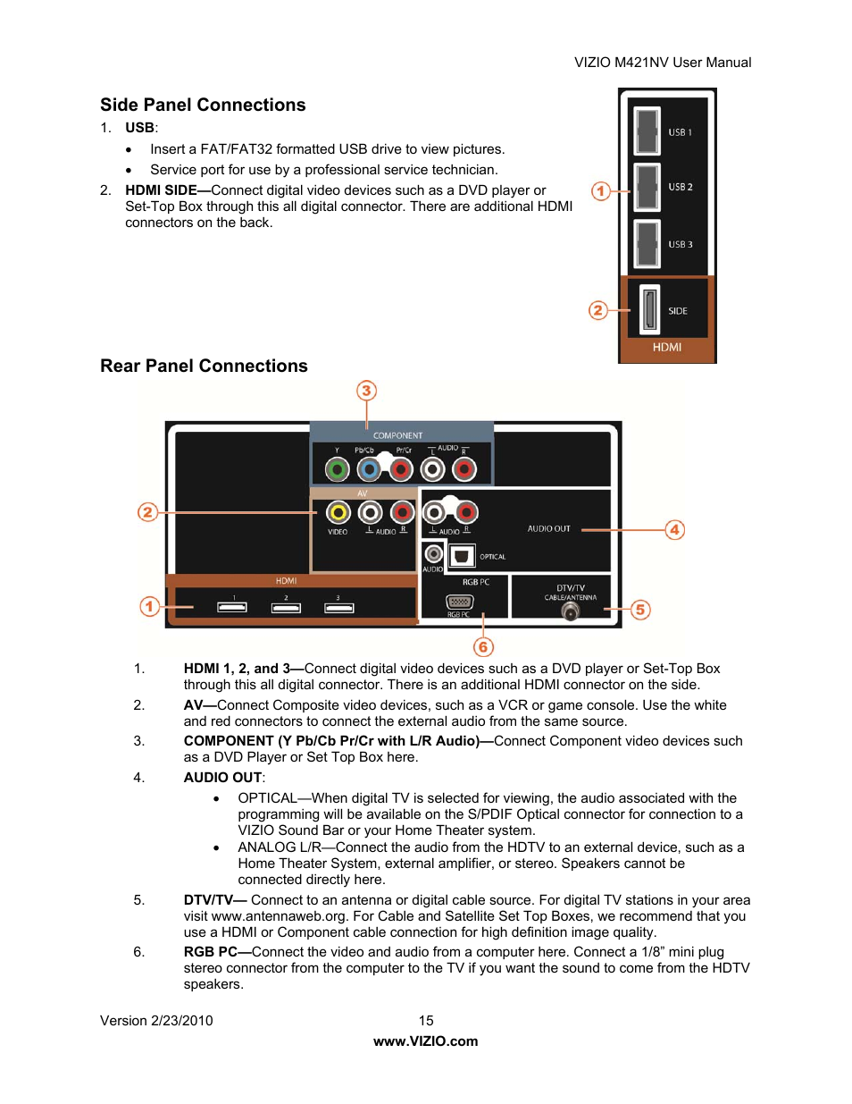 Side panel connections, Rear panel connections | Vizio M421NV User Manual | Page 16 / 74