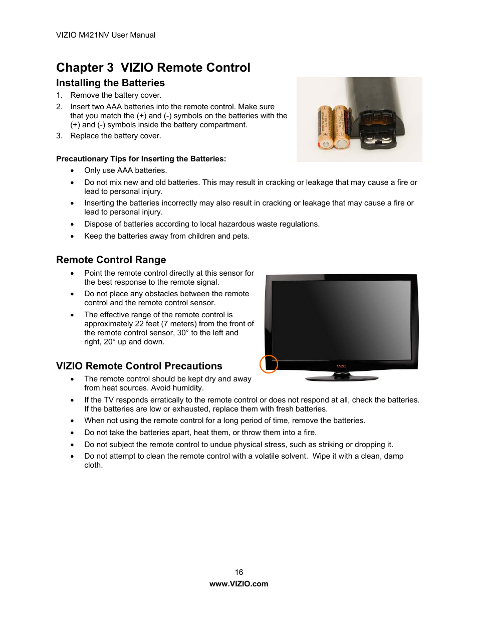 Chapter 3 vizio remote control, Installing the batteries, Remote control range | Vizio remote control precautions | Vizio M421NV User Manual | Page 17 / 74
