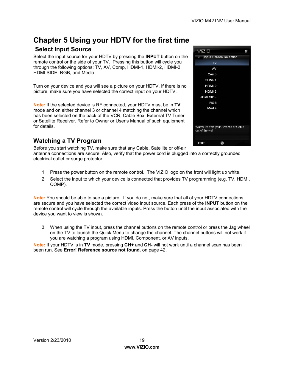 Chapter 5 using your hdtv for the first time, Select input source, Watching a tv program | Vizio M421NV User Manual | Page 20 / 74