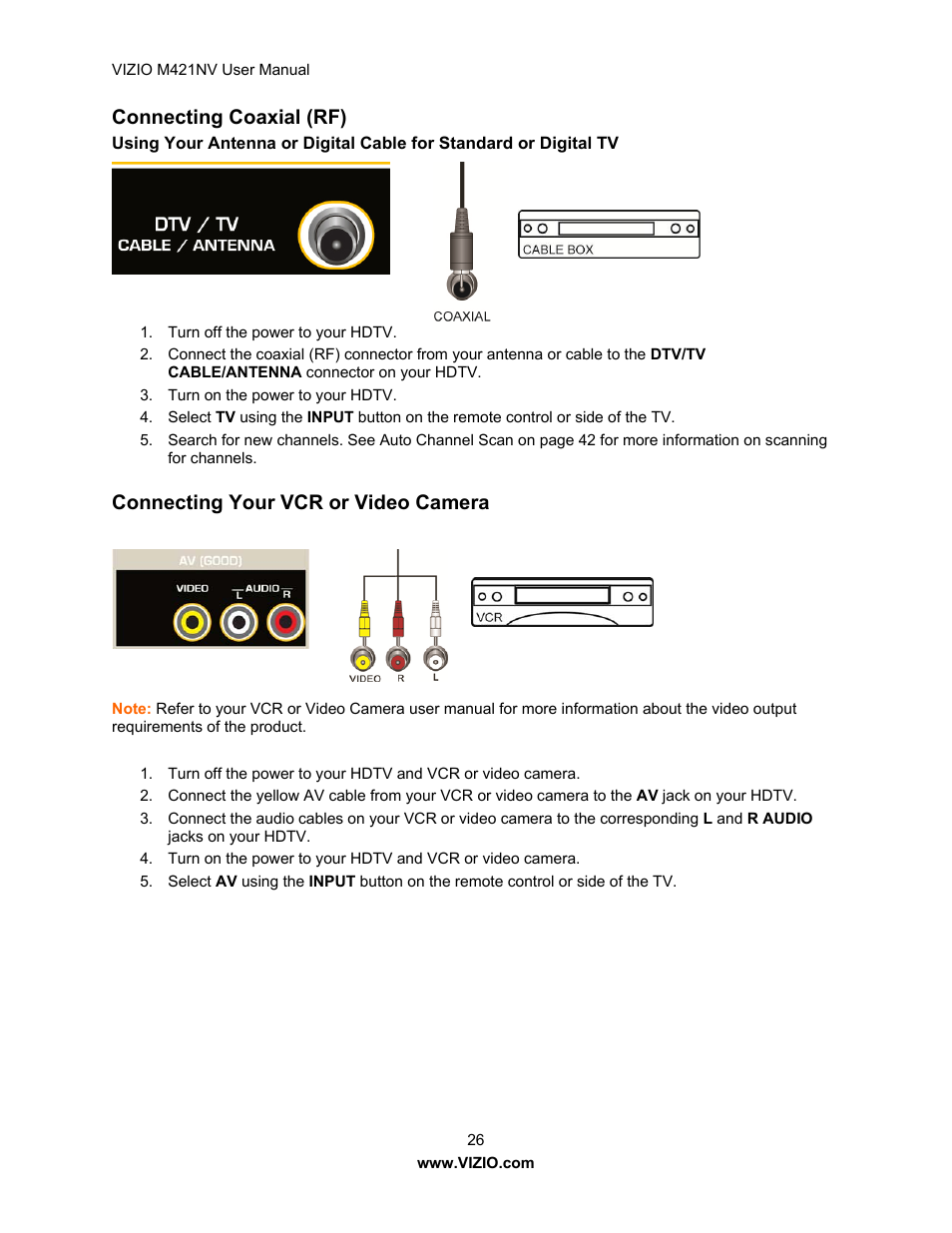 Connecting coaxial (rf), Connecting your vcr or video camera | Vizio M421NV User Manual | Page 27 / 74