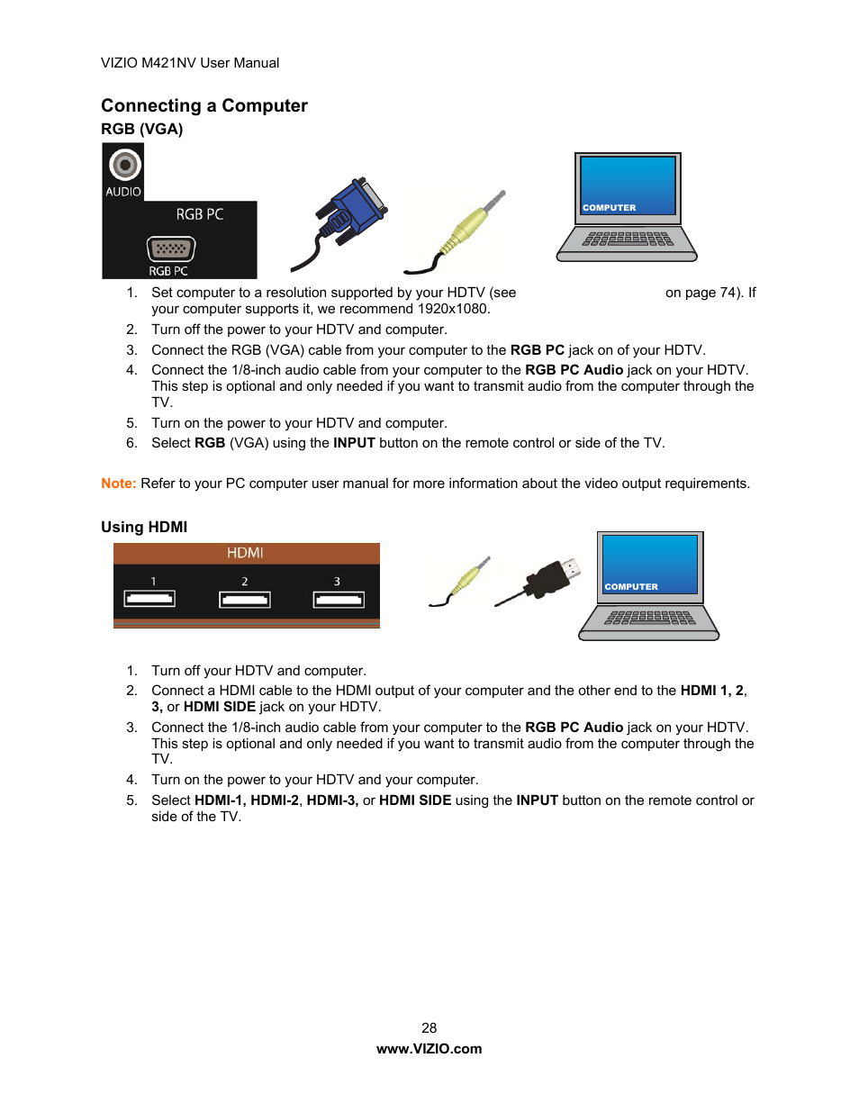 Connecting a computer | Vizio M421NV User Manual | Page 29 / 74
