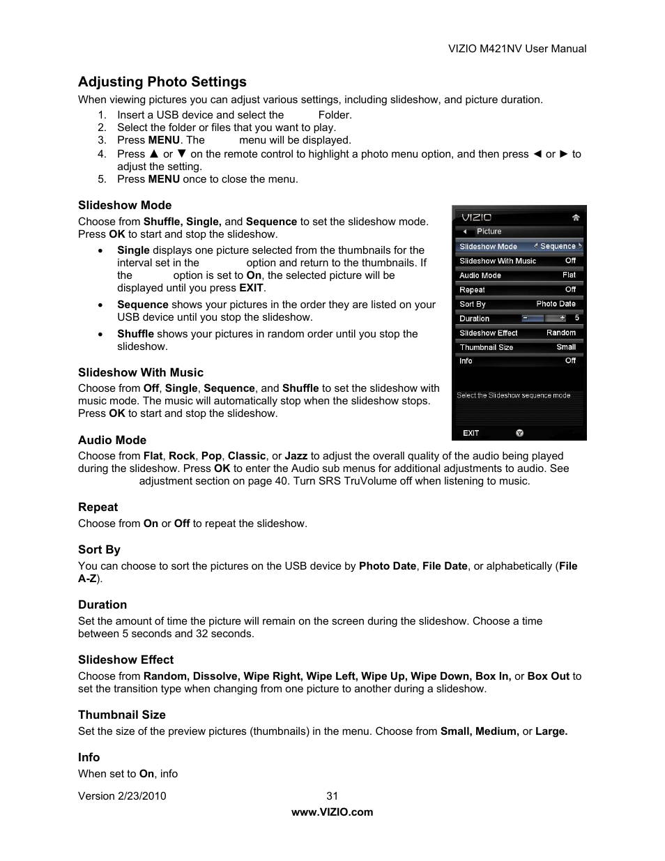 Adjusting photo settings | Vizio M421NV User Manual | Page 32 / 74