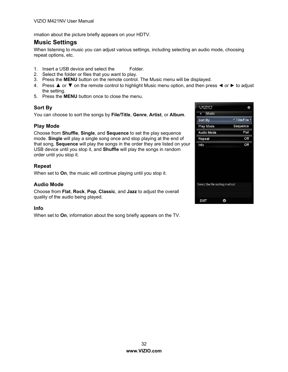 Music settings | Vizio M421NV User Manual | Page 33 / 74