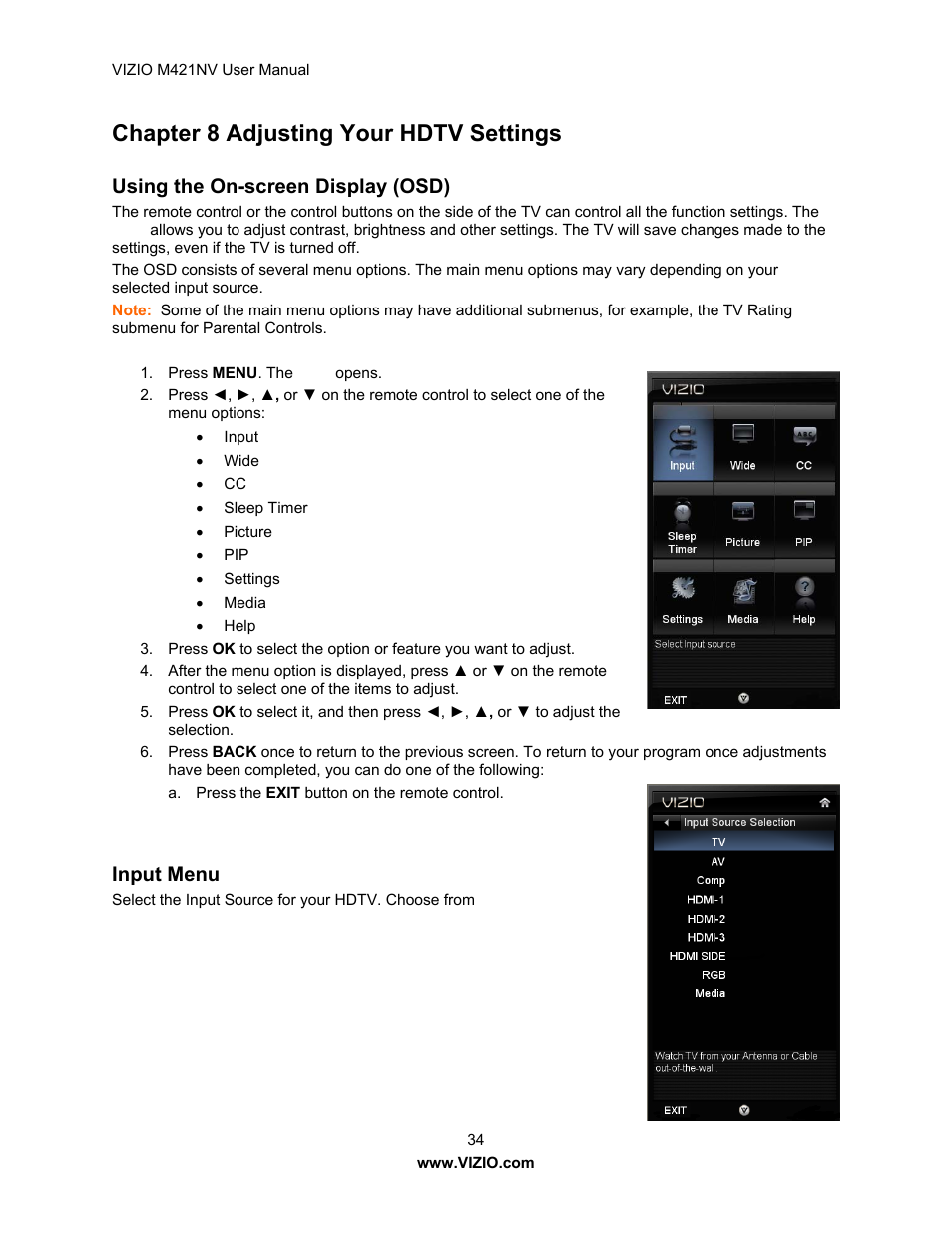 Chapter 8 adjusting your hdtv settings, Using the on-screen display (osd), Input menu | Vizio M421NV User Manual | Page 35 / 74