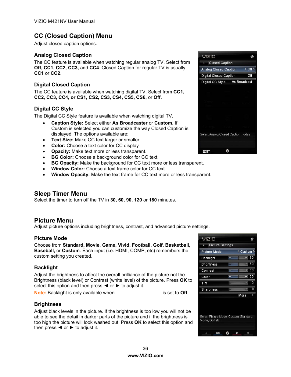 Cc (closed caption) menu, Sleep timer menu, Picture menu | Vizio M421NV User Manual | Page 37 / 74