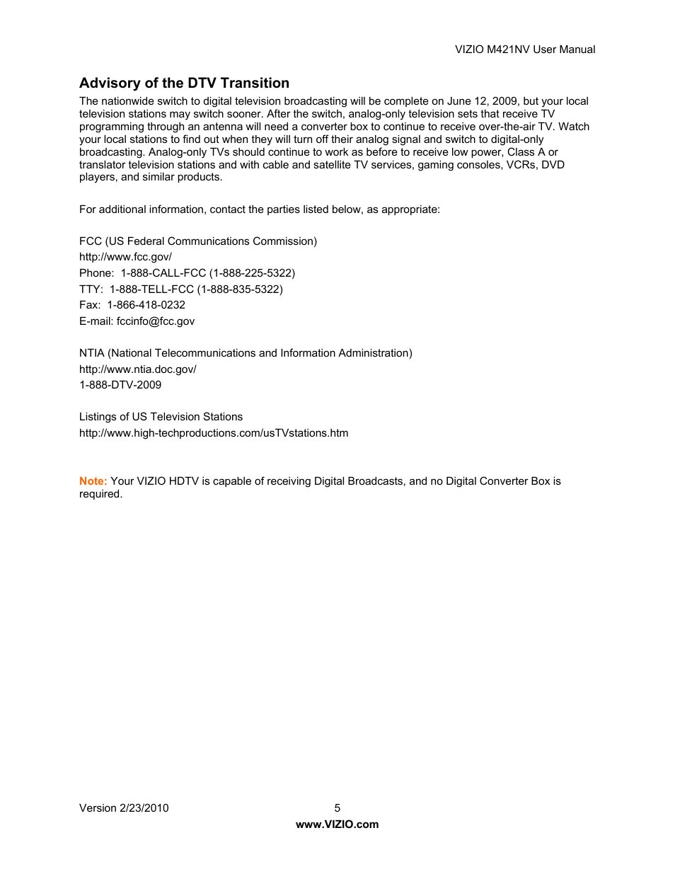 Advisory of the dtv transition | Vizio M421NV User Manual | Page 6 / 74