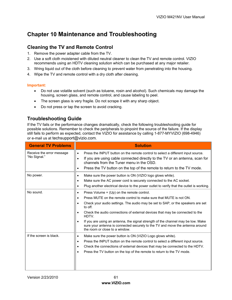 Maintenance and troubleshooting, Chapter 10, Cleaning the tv and remote control | Troubleshooting guide | Vizio M421NV User Manual | Page 62 / 74