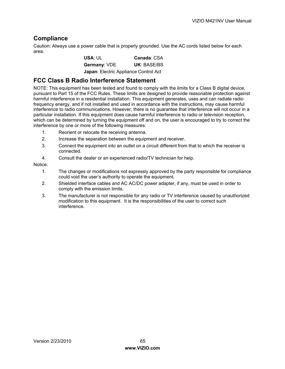 Compliance, Fcc class b radio interference statement | Vizio M421NV User Manual | Page 66 / 74