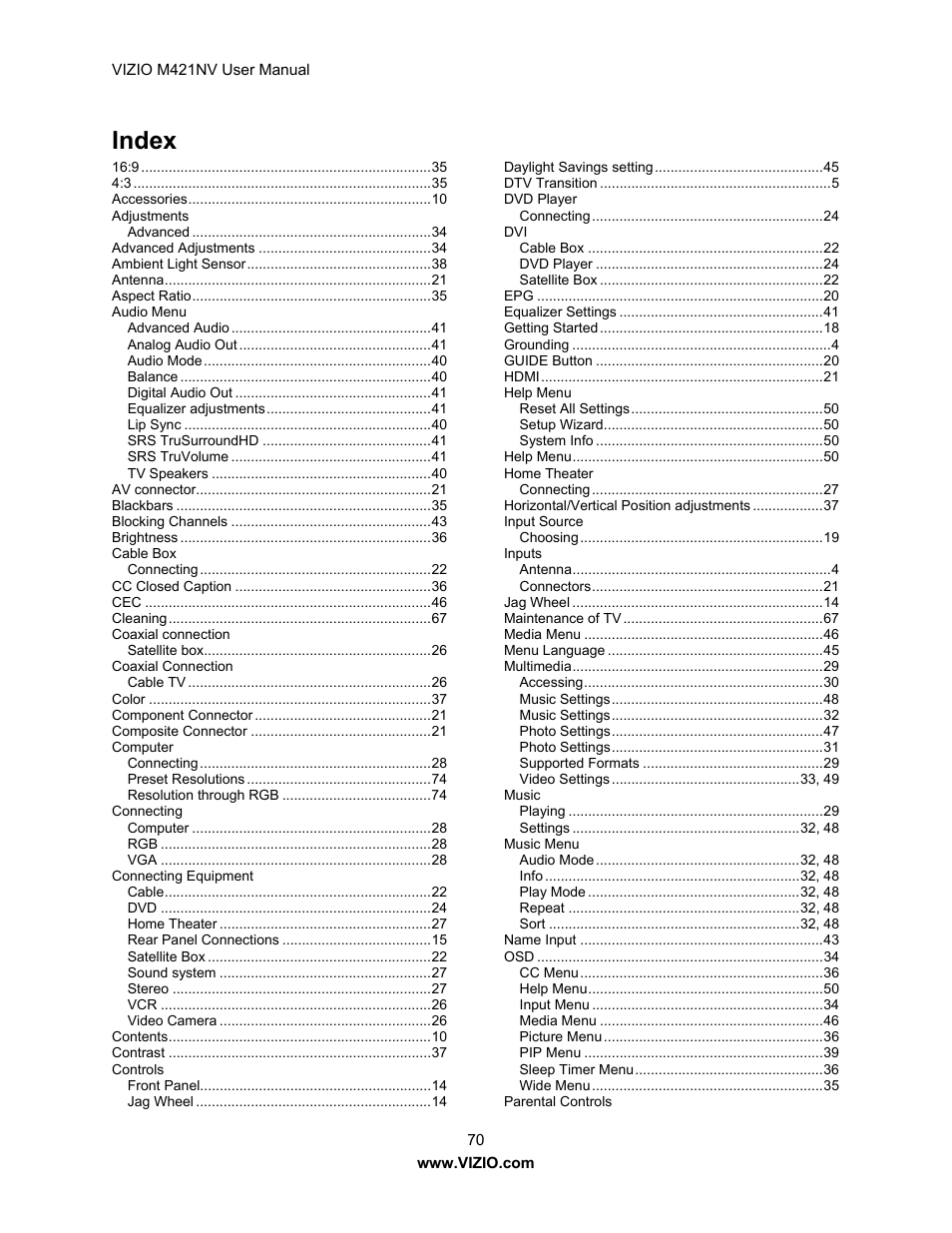 Index | Vizio M421NV User Manual | Page 71 / 74