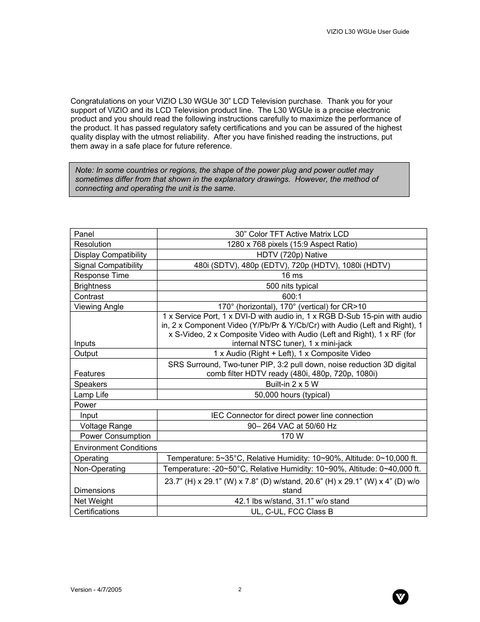 Vizio L30 WGUe User Manual | Page 3 / 46